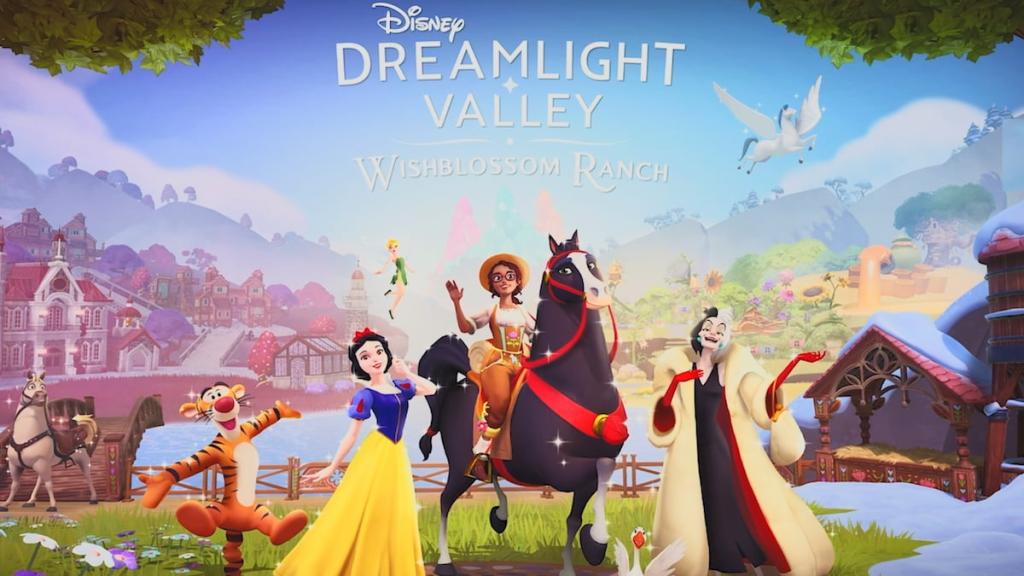 Wishblossom ranch key art featuring snow white, tinker bell, cruella, tigger, and the player on a horse in disney dreamlight valley
