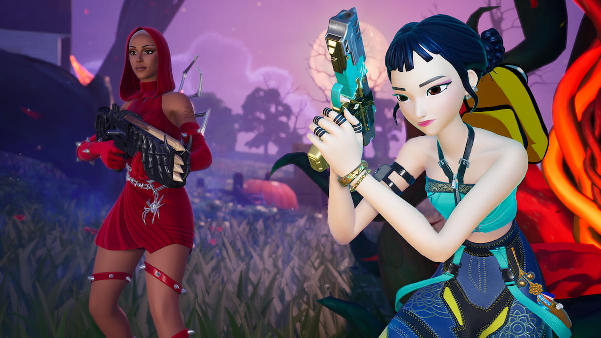 Zoey running holding a gun next to the mother of thorns doja cat in fortnite