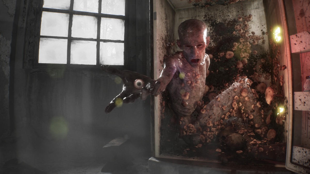 Foliage-covered corpse in fridge, handing protag an eyeball