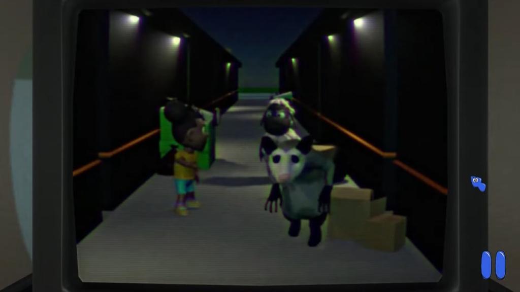 Chicken Scratch looking directly at the camera with Amanda and Wooly looking at each other behind him