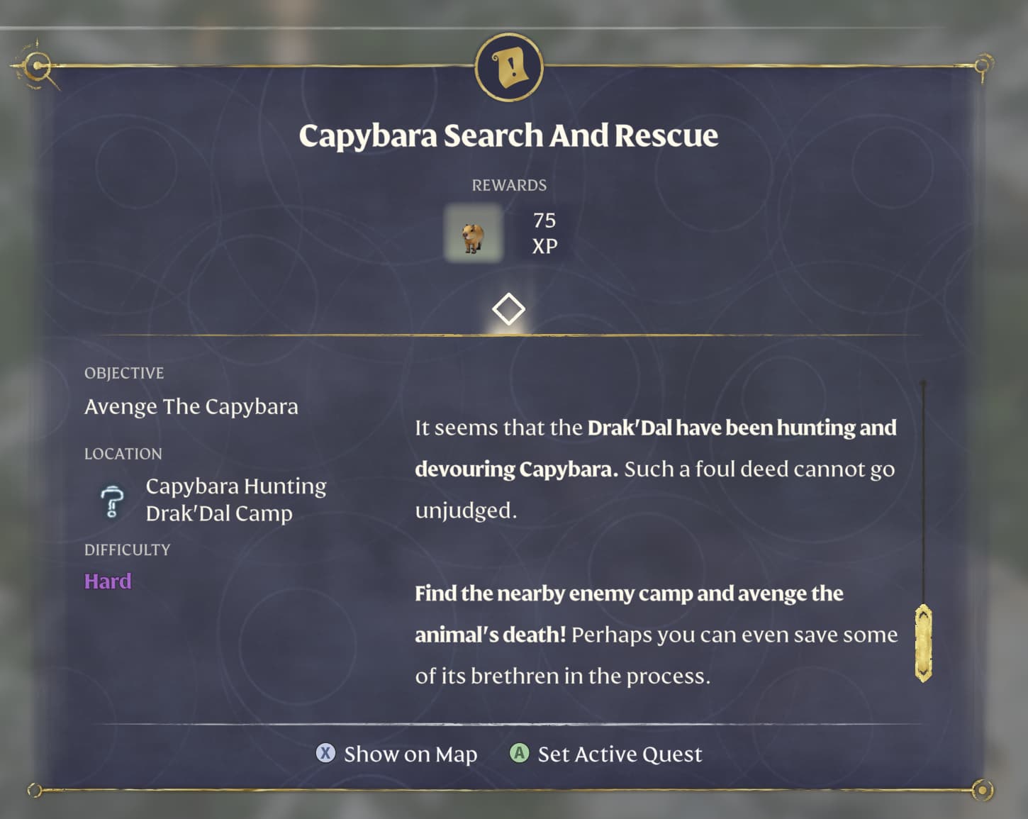 A purple text box showing the description for the "Capybara Search and rescue" quest in Enshrouded