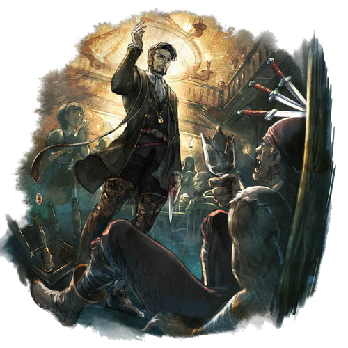 Art for Celsus from Octopath Traveler 0. In the image, Celsus, a dark-haired and well-dressed man, stands over another man with knifes in the wall above his head.