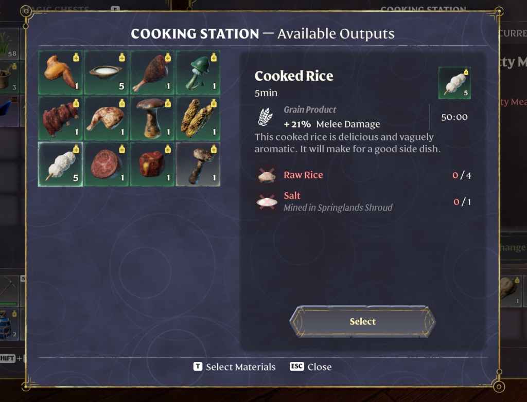 A screenshot of the Cooking Station menu in Enshrouded, showing the Cooked Rice option.