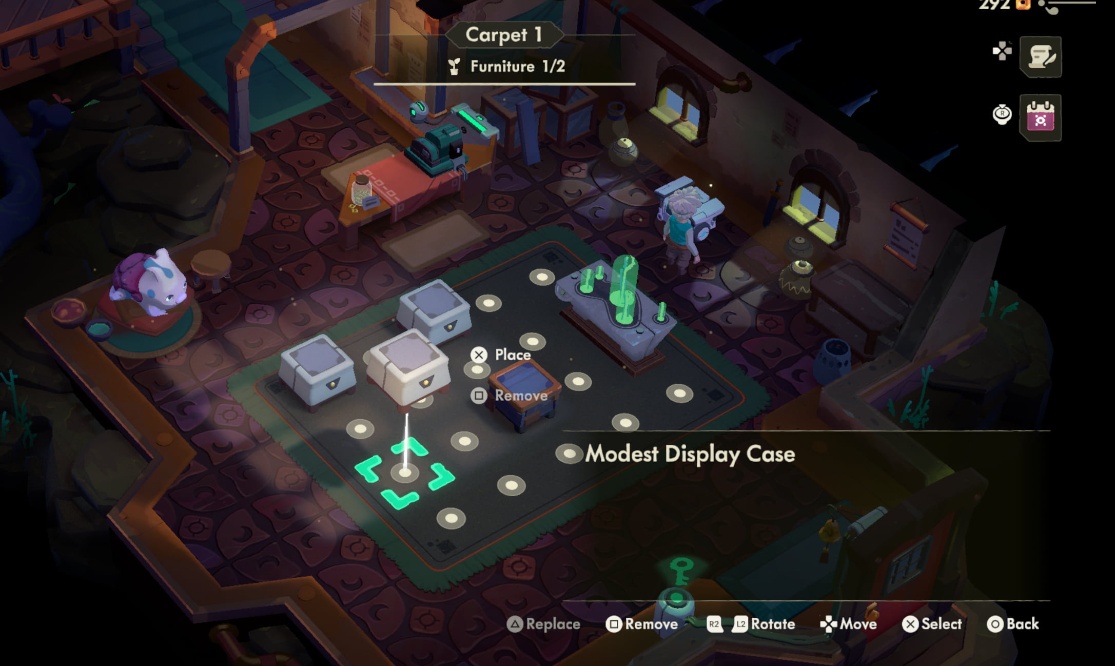 A screenshot of the store from Moonlighter 2, showing the player rearranging furniture and display shelves.