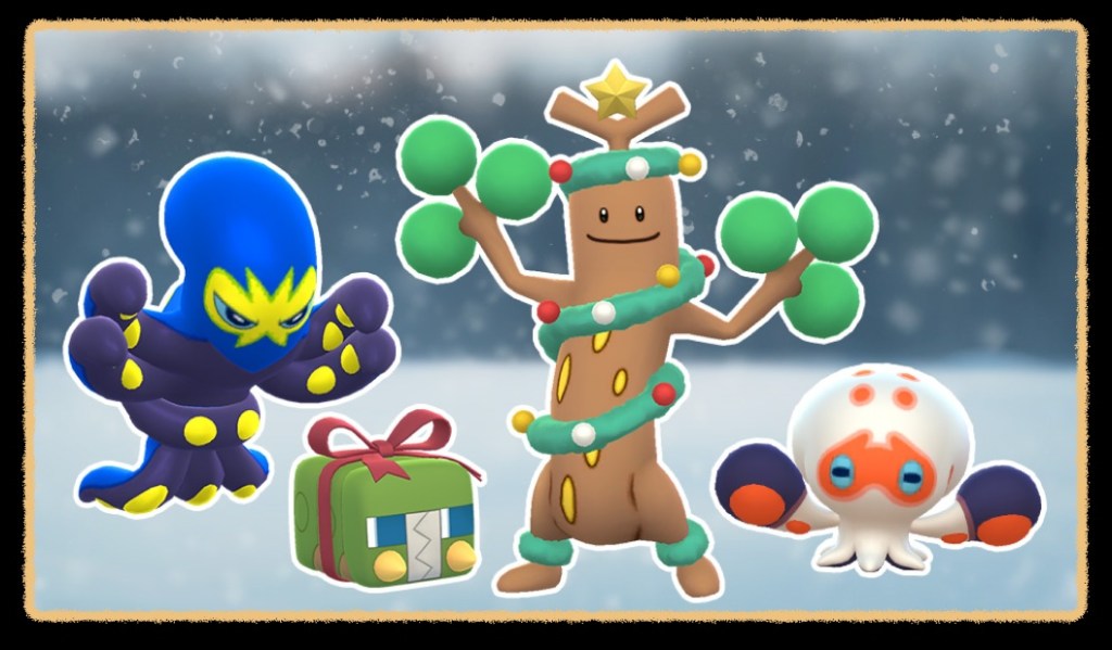 A screenshot from Pokemon Go showing Grapploct, a blue Octopus with yellow designs, Sudowoodo and Clobboctopus