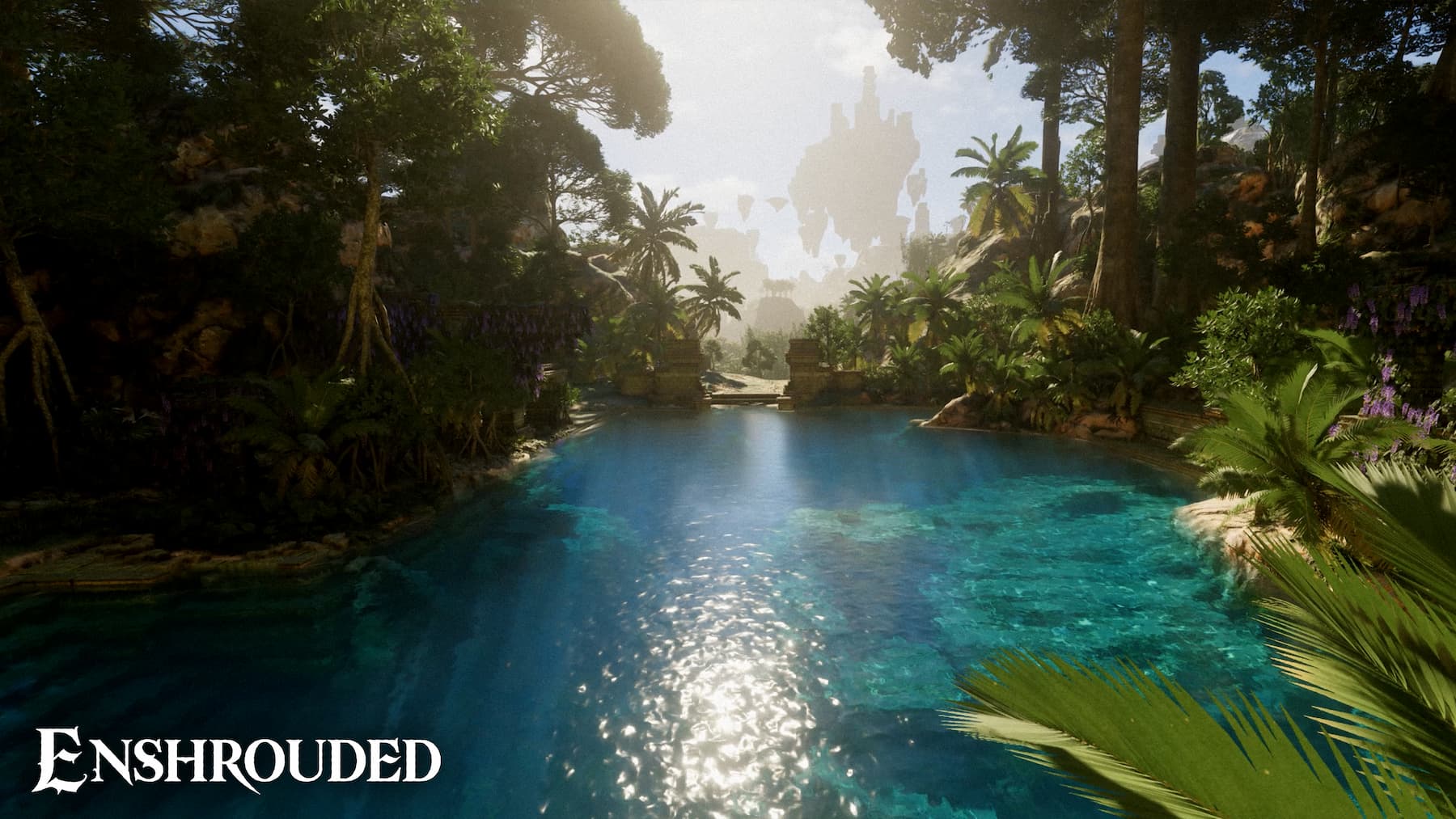 A tropical scenery with a crystal clear body of water surrounded by palm trees and leaves.
