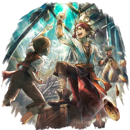 A young man with shaggy brown hair and a red headband stands with his foot atop a wooden box. He points upwards with joy while a younger boy cheers him on.