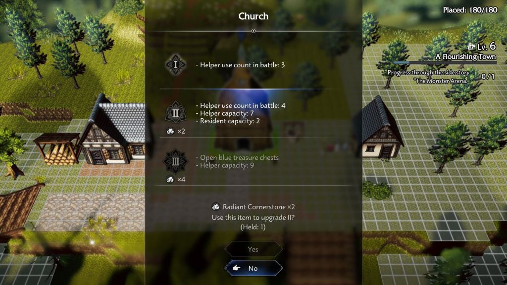 A screenshot from the upgrade church menu in Octopath Traveler 0. This shows the benefits from each upgrade and how much Radiant Cornerstones they cost.