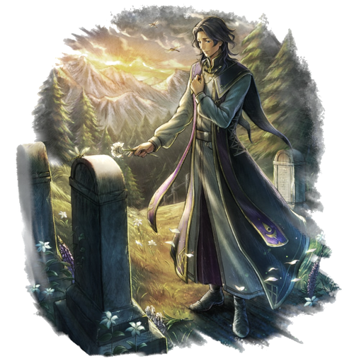 Art for Pius, a tall man with medium length dark hair. He wears long white and purple priest attire and stands in front of a tombstone with a sunny mountainous background behind him.