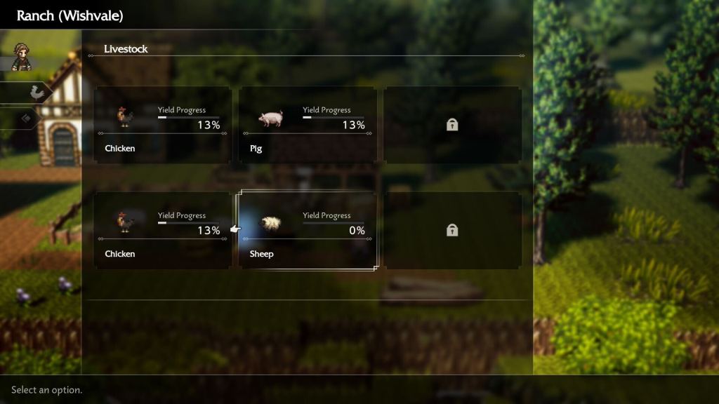 A screenshot from Octopath Traveler 0 showing the ranch menu and animal progress.