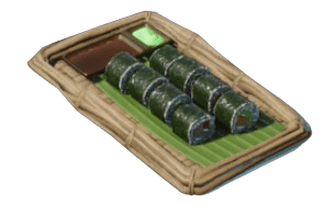 A bamboo plate with cut-up rolls of Sushi on it in Enshrouded.