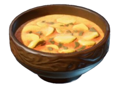 A bowl of orange and yellow curry. This is the Taro Root Curry in Enshrouded