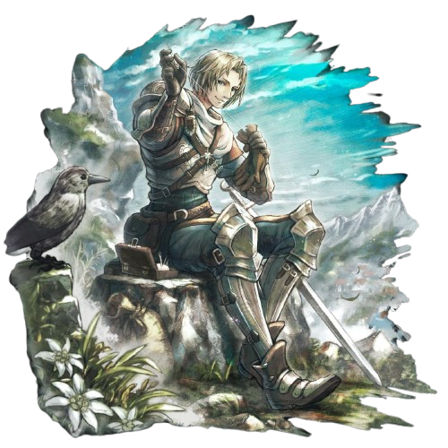A blond short-haired man holds an item in his right hand while seated on a stone bench. He wears metal armor. This is Viator from Octopath Traveler 0
