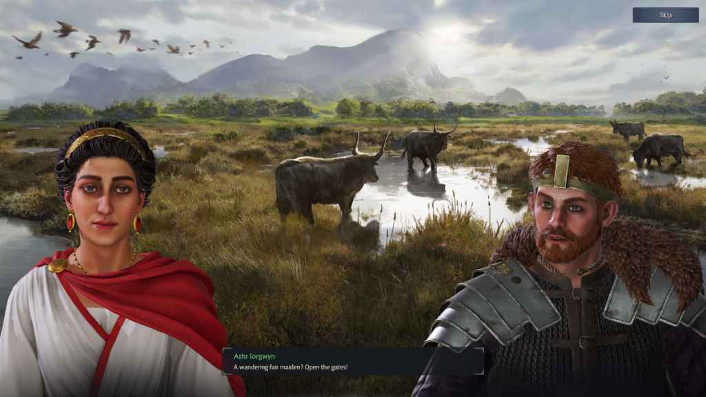 Two characters conversing in a marsh with oxen in the background in Anno 117 Pax romana. 
