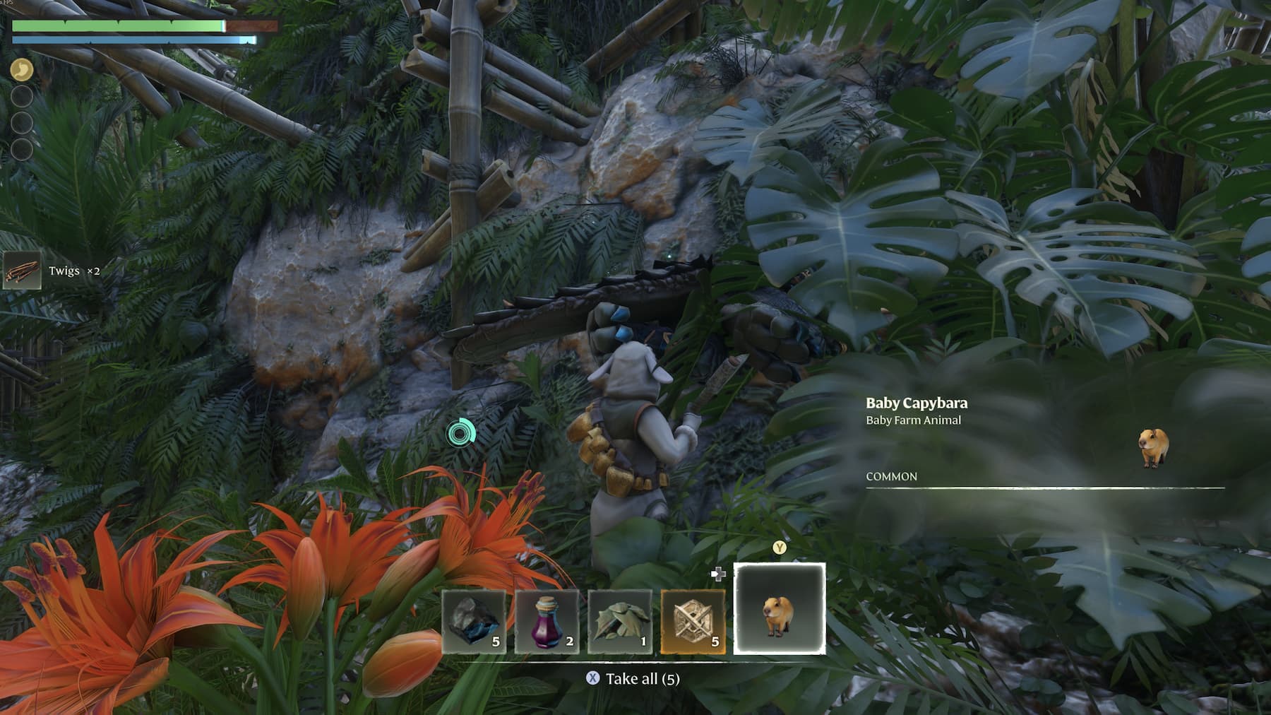 A screenshot from Enshrouded showing a character wearing a lamb costume standing over a dead alligator-like creature. A baby capybara appears in the menu at the bottom of the screen.