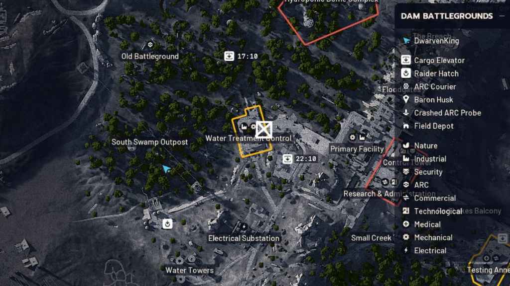 A 3D map of the Dam Battlegrounds level in ARC Raiders with one location marked with an X.