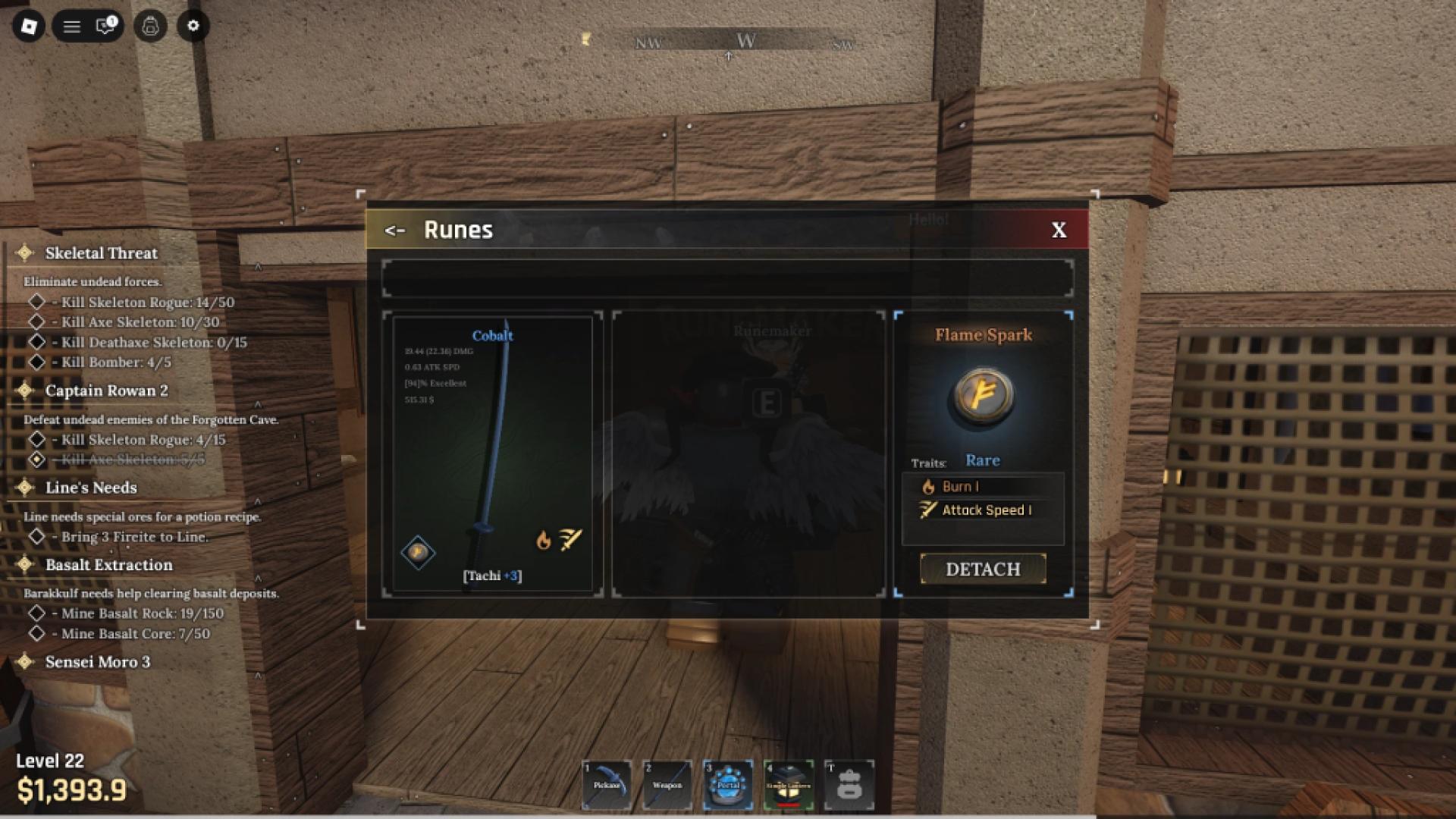 A player showing how to apply runes to a weapon in The Forge Roblox experience.