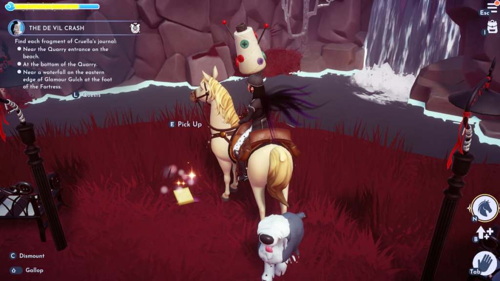 Riding horse next to journal on the ground by a waterfall in disney dreamlight valley