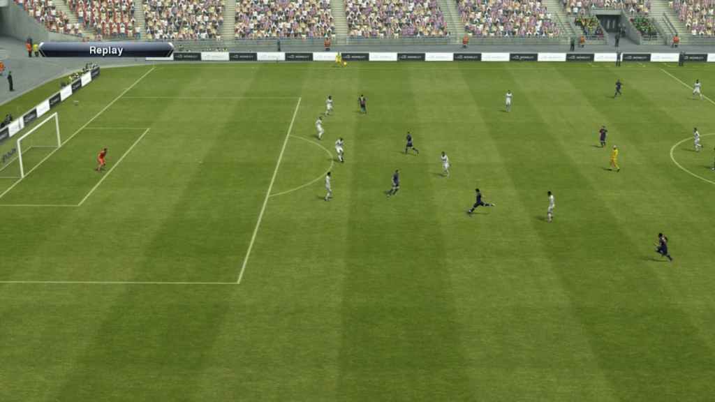 Pro Evolution Soccer 2013, the football game by Konami, with a match replay taking place.