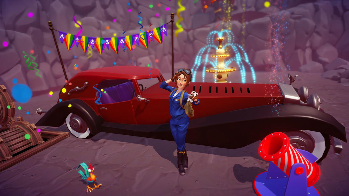 Posing in front of Cruella's car in disney dreamlight valley