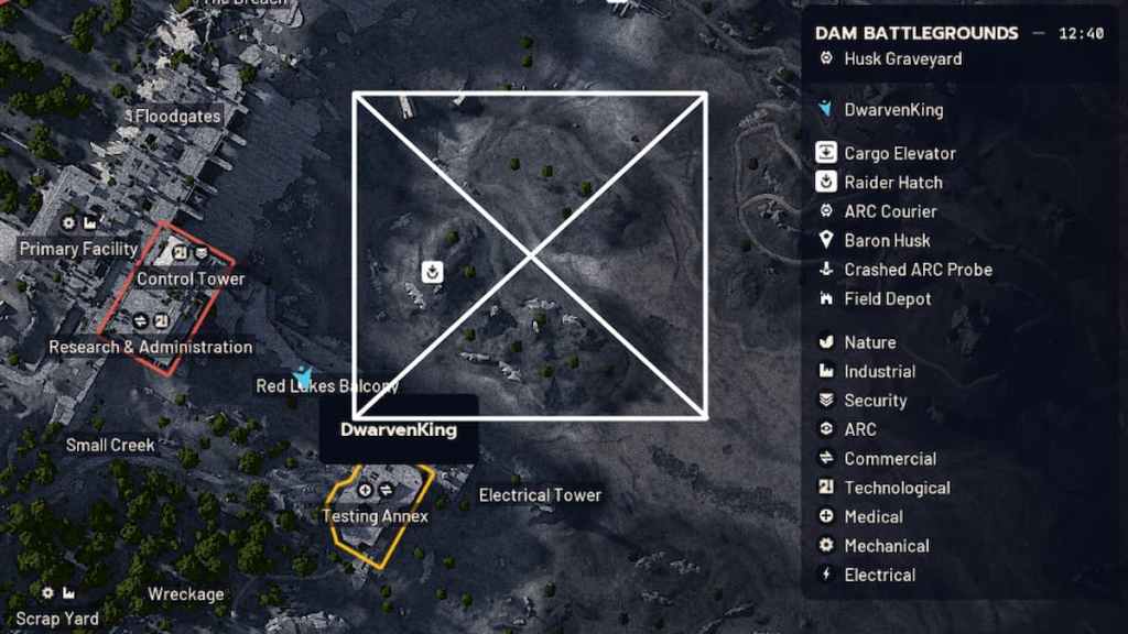 A 3D render of the Dam Battlegrounds map in ARC Raiders with the Red Lakes marked by a cross.