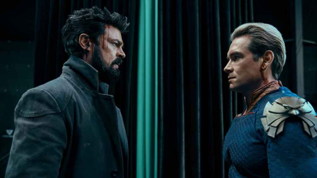 Billy Butcher and Homelander having a stand-off in The Boys.