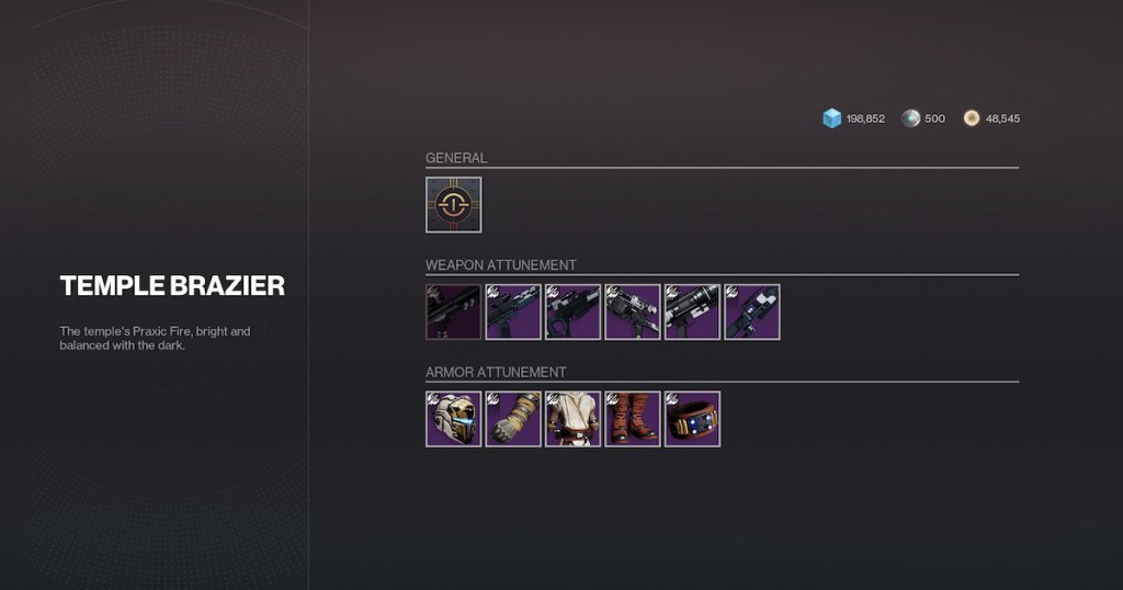 The Attunement menu for Equilibrium, showing each of the dungeon's rewards.