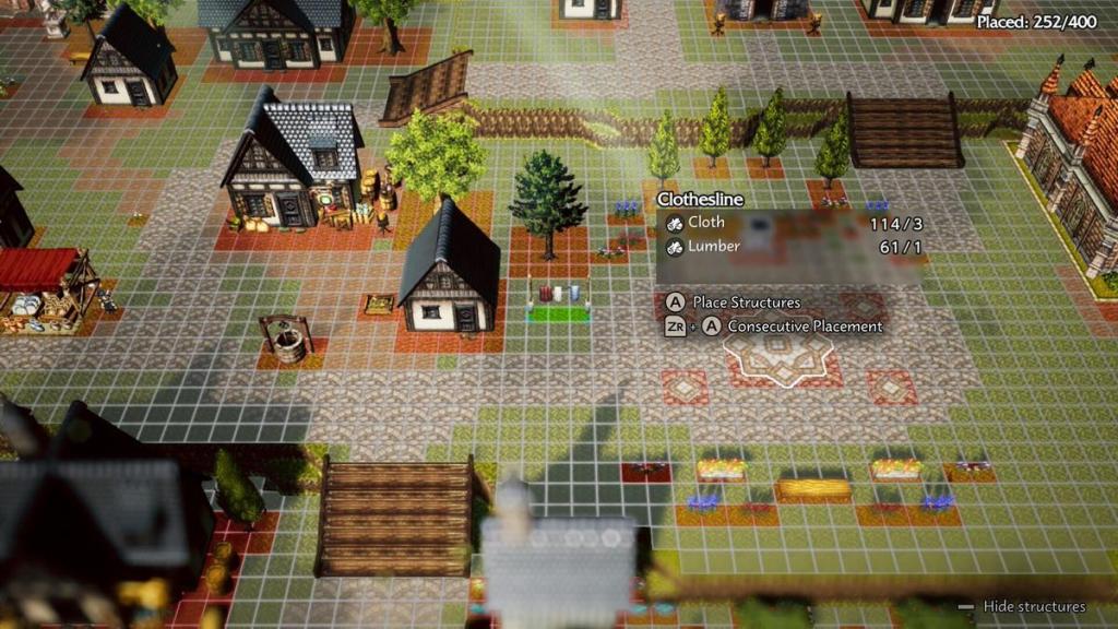 A screenshot showing the player in Octopath Traveler 0 placing a clothesline next to a stone house.