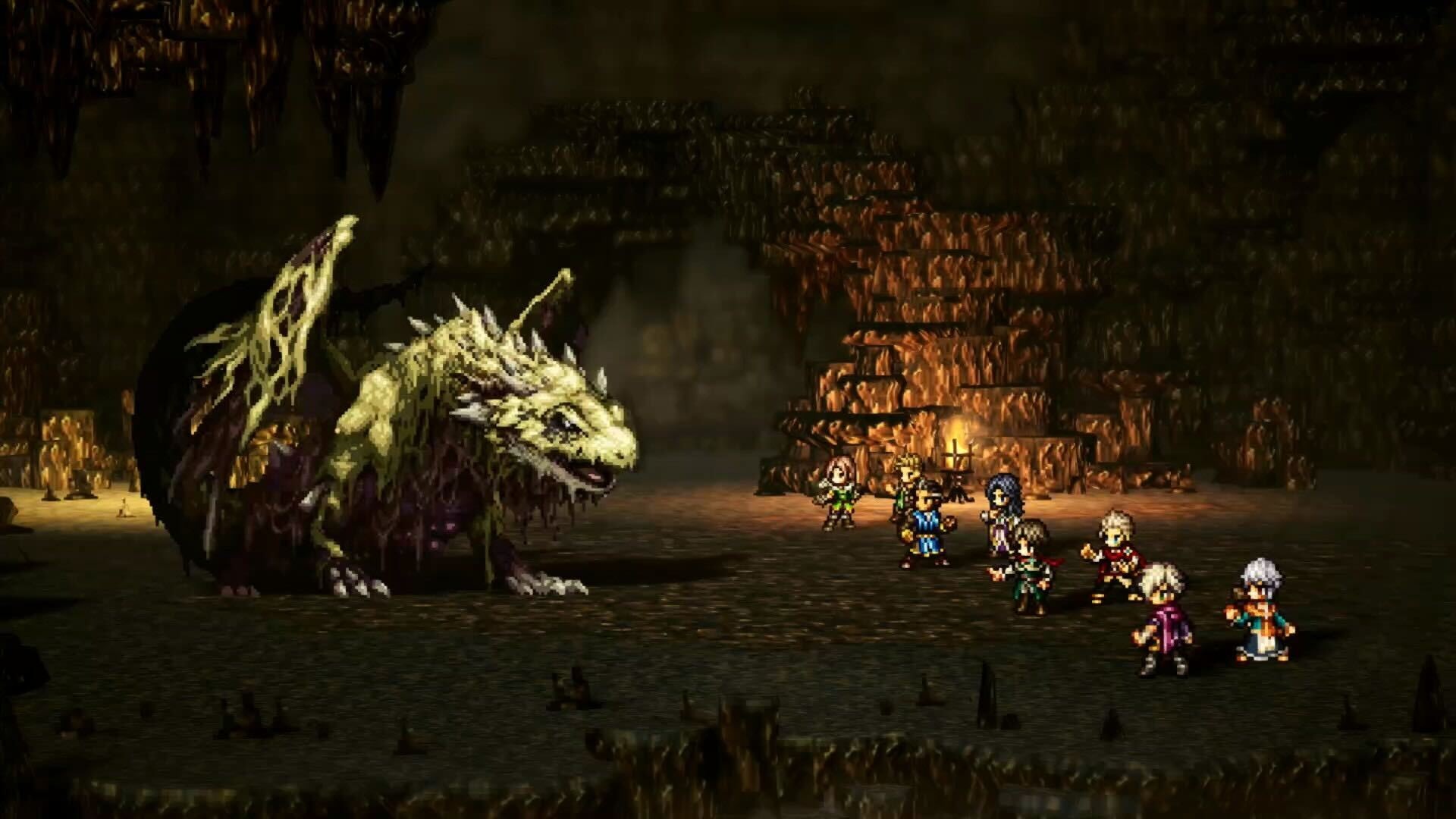 A screenshot from Octopath Traveler 0 showing eight pixelated characters lining up to face a green dragon-like beast in a dark cave.