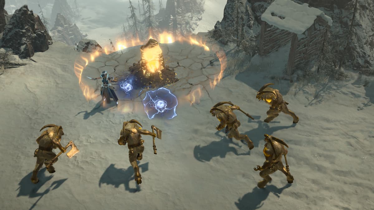 Player fighting a swarm of enemies in Diablo 4