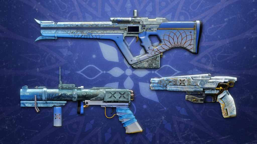 The three weapons in Destiny 2's 2025 Dawning:  Fimbulwinter Stitch, Mistral Lift, and Permafrost 