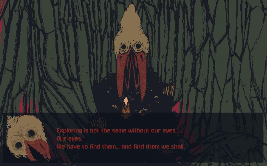 A screenshot from Death Howl, showing a two-headed bird head with a long beak and dark eye sockets.