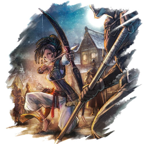Delitia, a young woman with dark hair pulled back, kneels while firing a bow.