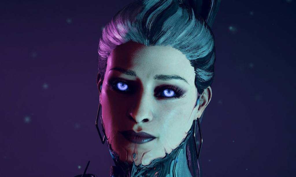 Eleanor Nightingale looks straight at the camera with her purple eyes.