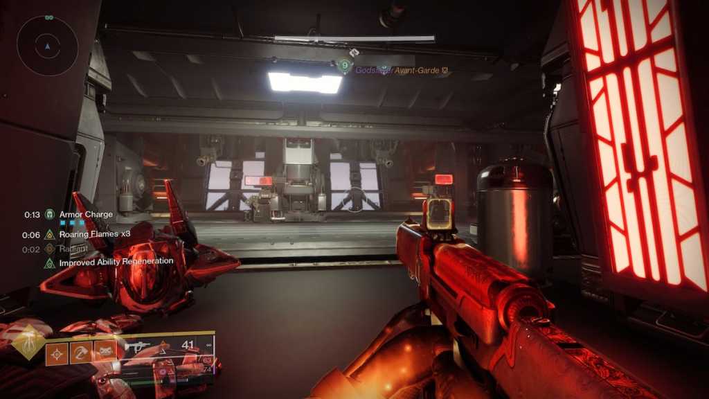 The first secret chest in the Equilibrium dungeon in Destiny 2, located above an emplaced gun. Two guardians stand near it and are visible through the walls.