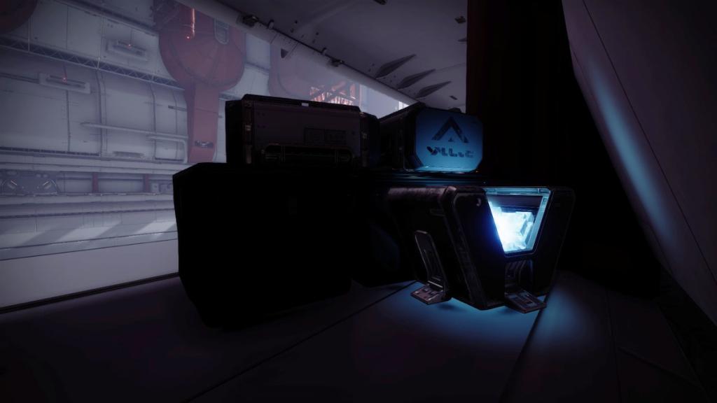 An opened secret chest in the Equilibrium Dungeon, hidden behind some tall crates.