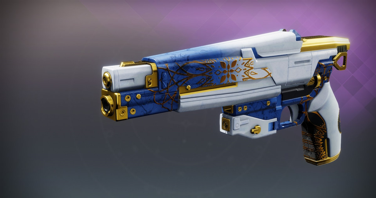 Fimbulwinter Stitch, a normal sidearm that uses a model similar to a rocket sidearm in Destiny 2. It has the Dawning logo on the side.