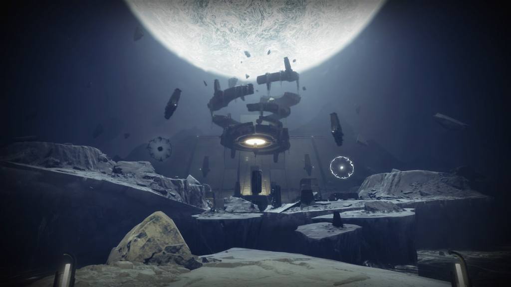 An icy block with a suspended pendulum in the middle and four Taken Blights.