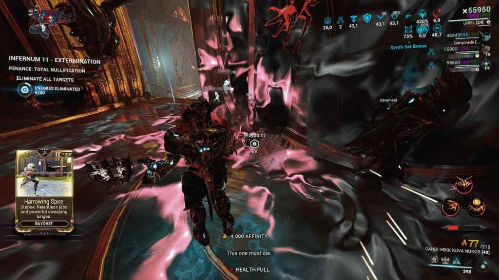 A Warframe player gets the Harrowing Spire mod as a drop from a container in Descendia
