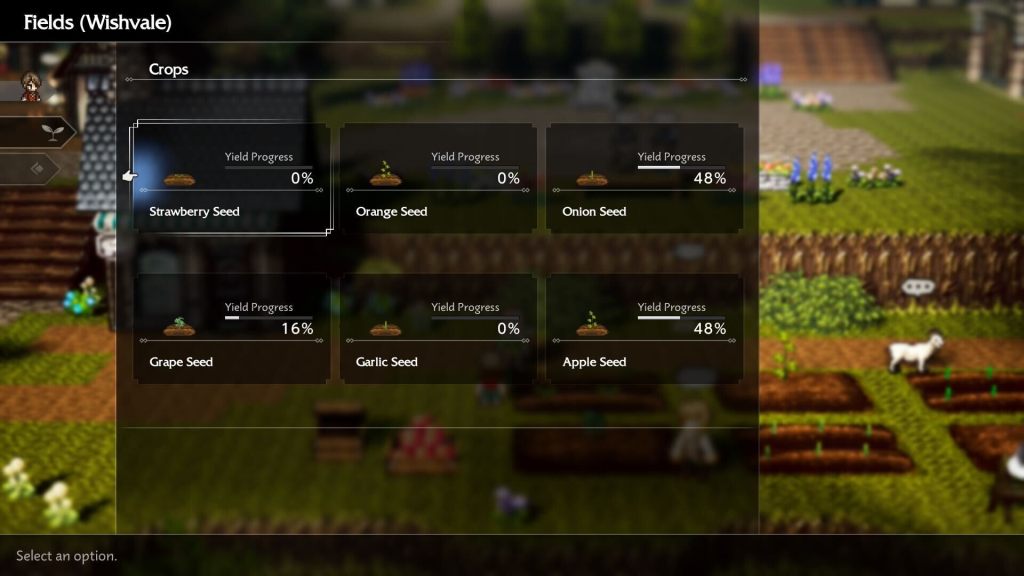 A screenshot from Octopath Traveler 0 showing crops and their progress by percentage.