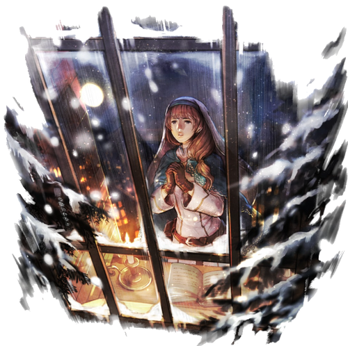 Laurana, a woman with long orange hair wearing a cleric cloak, as she stares out the window with her hands pressed together in a prayer.