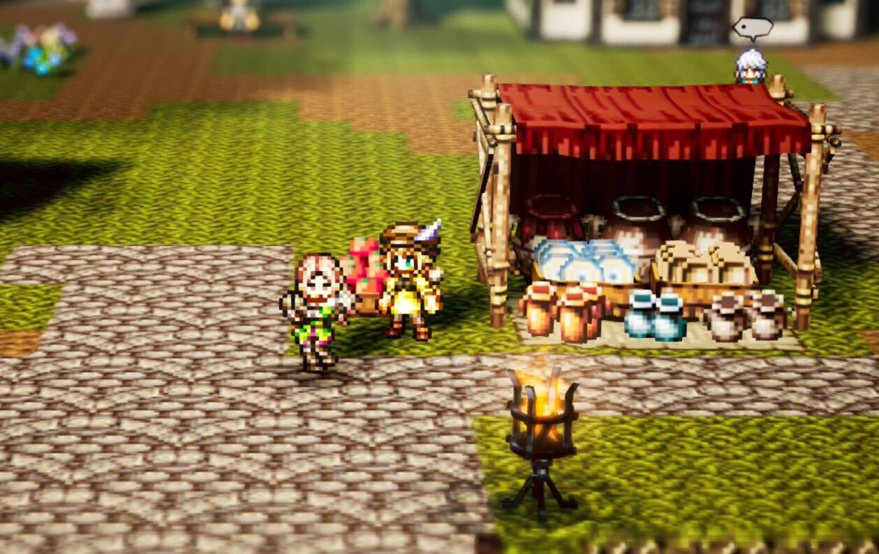 Two female characters from Octopath Traveler 0 stand in a plaza in front of a merchant booth.