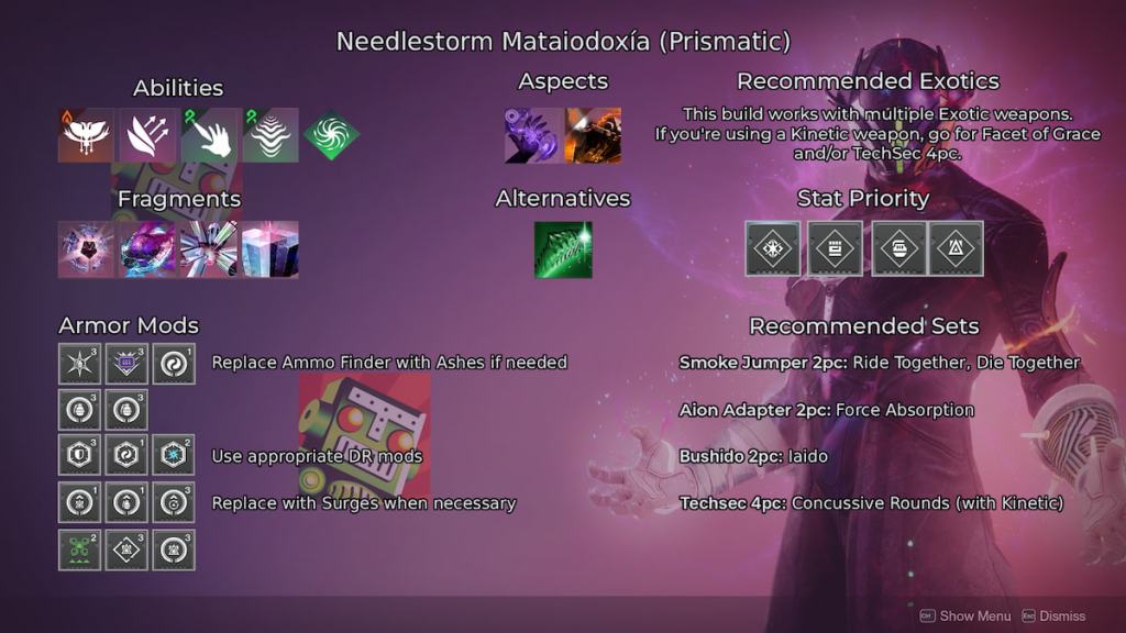 A Mataiodoxía build with Needlestorm, Facet of Courage/Dominance/Hope/Protection/Balance, Arcane Needle, Threadling Grenades, Feed the Void, and Hellion.