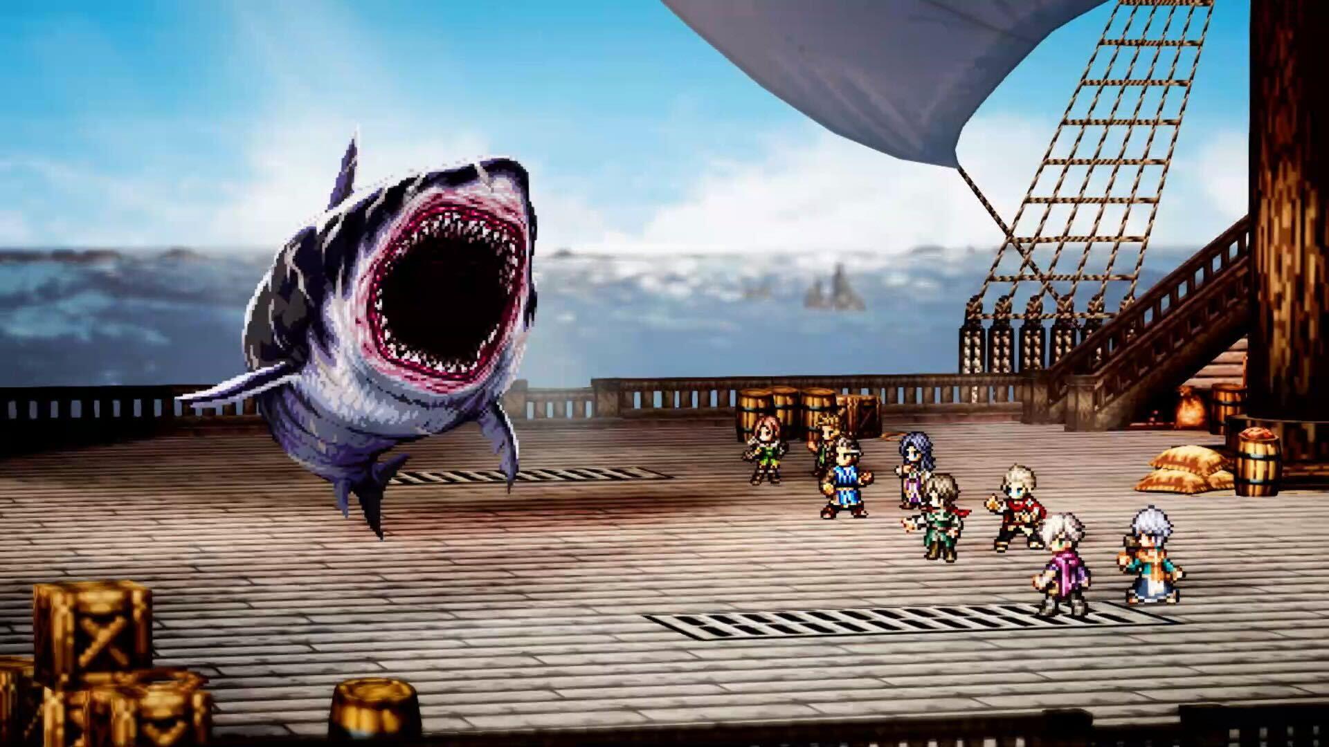 A giant shark appears on a boat with eight pixelated people on it.