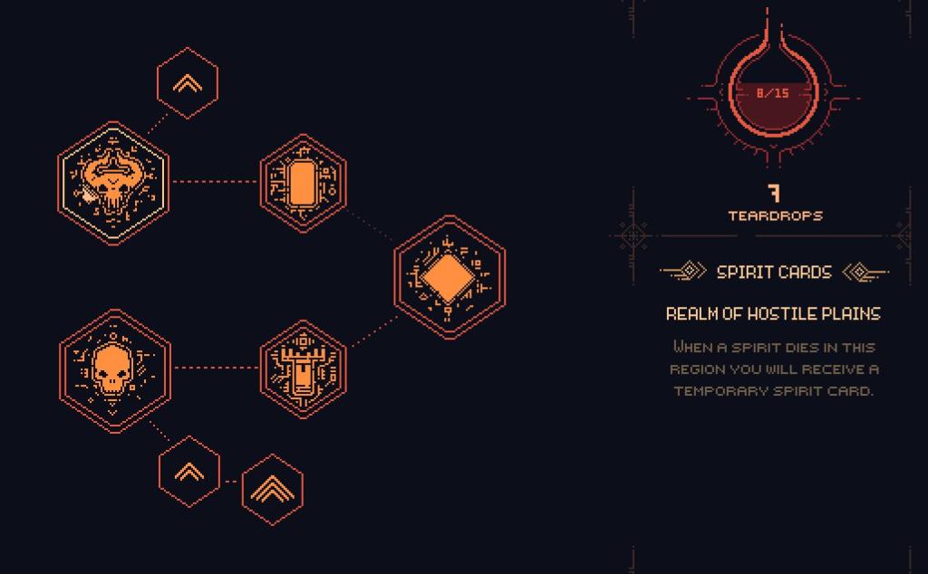 The skill tree in Death howl, showing 7 different skills the player can unlock and a short description for the spirit cards skill in the Realm of Hostile Plains.