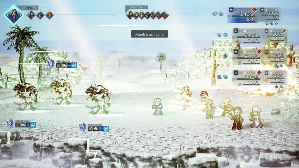A screenshot of the main character in Octopath Traveler 0 using a wind skill called Maelstrom. 