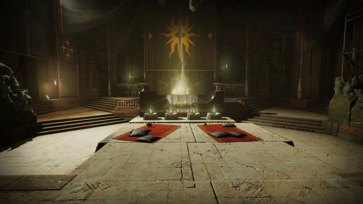 The inner part of the Praxic Temple, with four relics deposited and a lit brazier in the background.