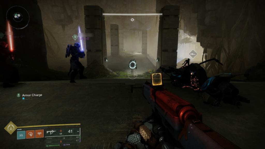 A Guardian sees a Taken Blight in the hallway leading to the sparrow section in the Praxic Temple in the Equilbrium dungeon.