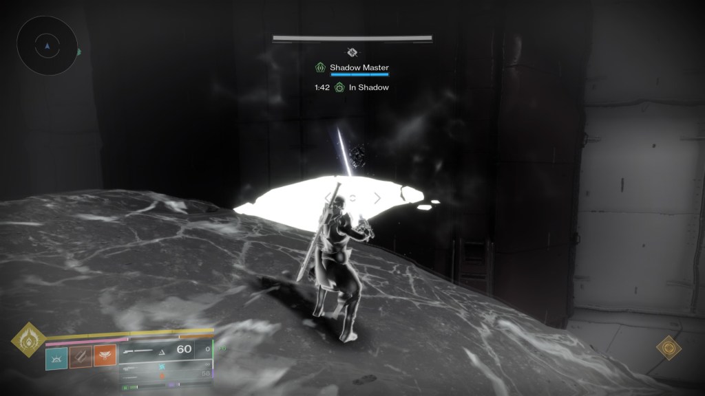 The Guardian holds a Praxic Blade as they stand on an invisible platform in the Ascendant Plane.