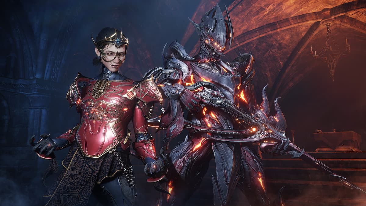 Uriel carrying a Vinquibus with a Tenno alongside him in promotional art for Warframe.